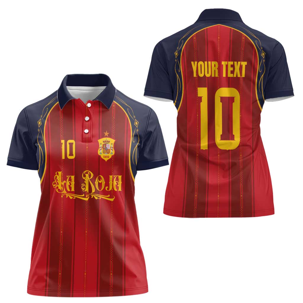 Custom Spain La Roja Football Women Polo Shirt Gothic Typography Royal Crest Pinstripe