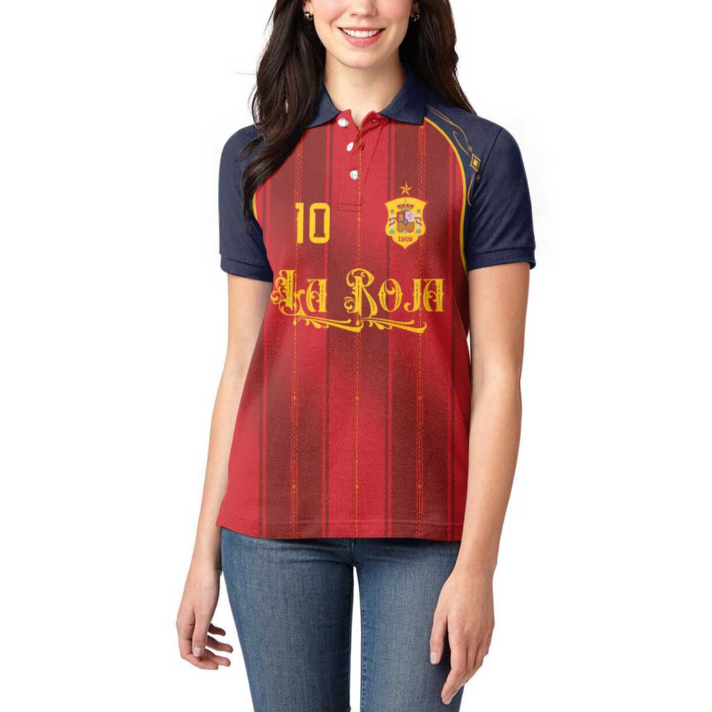 Custom Spain La Roja Football Women Polo Shirt Gothic Typography Royal Crest Pinstripe