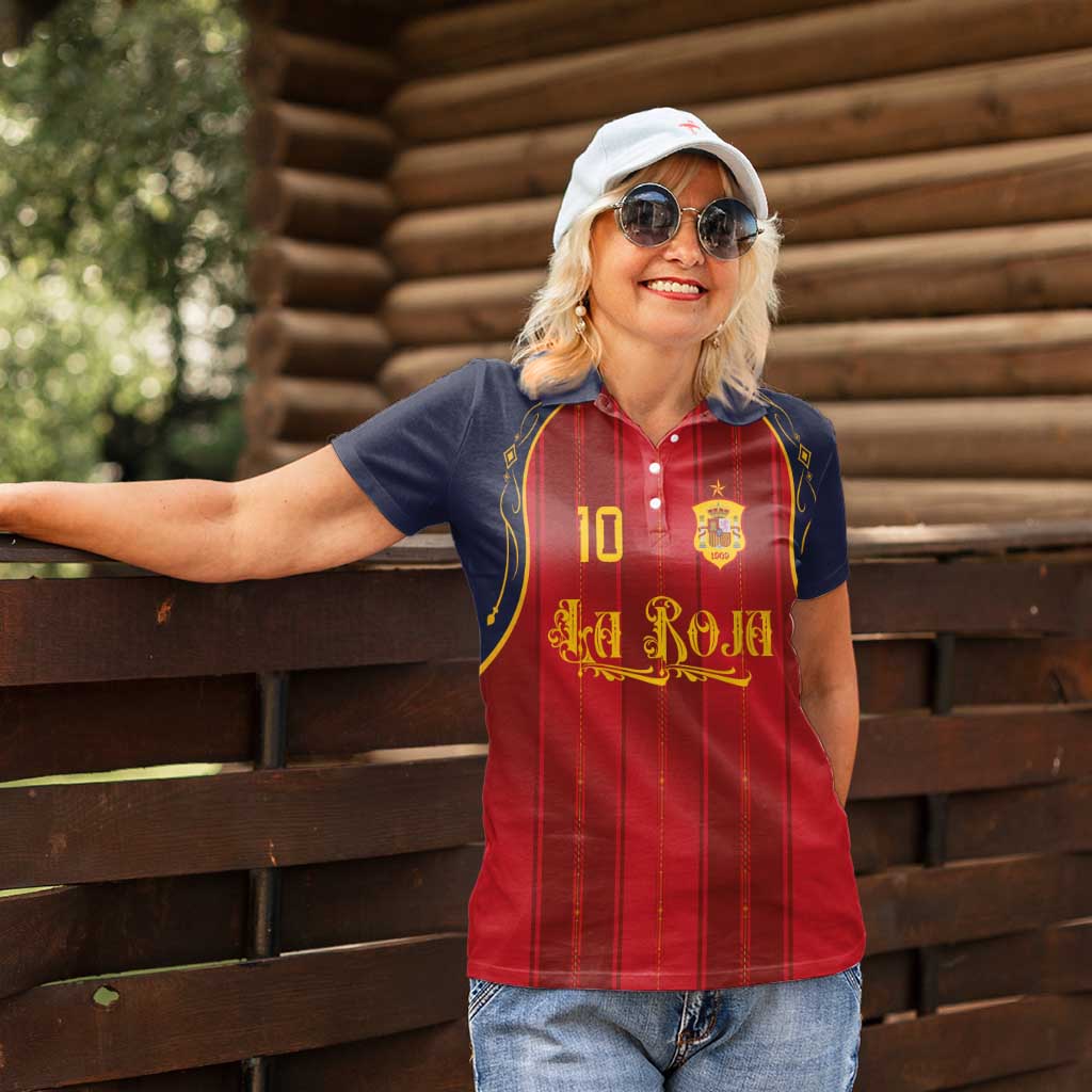 Custom Spain La Roja Football Women Polo Shirt Gothic Typography Royal Crest Pinstripe