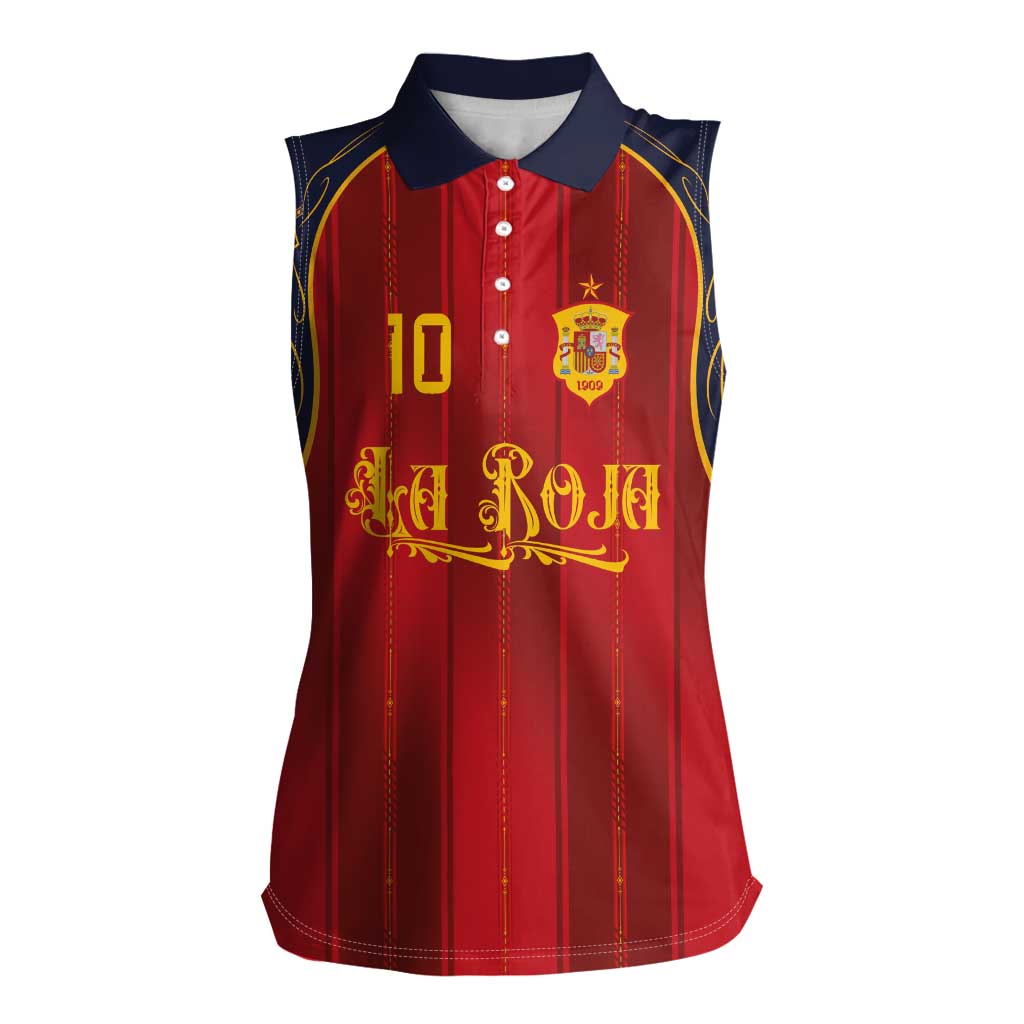 Custom Spain La Roja Football Women Sleeveless Polo Shirt Gothic Typography Royal Crest Pinstripe