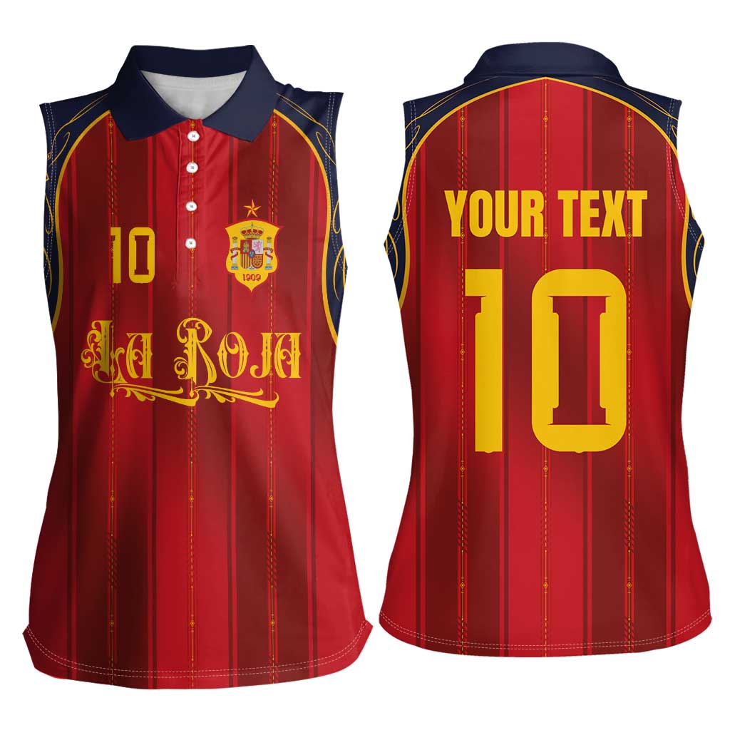 Custom Spain La Roja Football Women Sleeveless Polo Shirt Gothic Typography Royal Crest Pinstripe