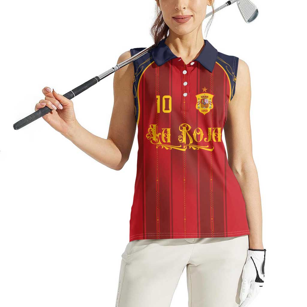 Custom Spain La Roja Football Women Sleeveless Polo Shirt Gothic Typography Royal Crest Pinstripe