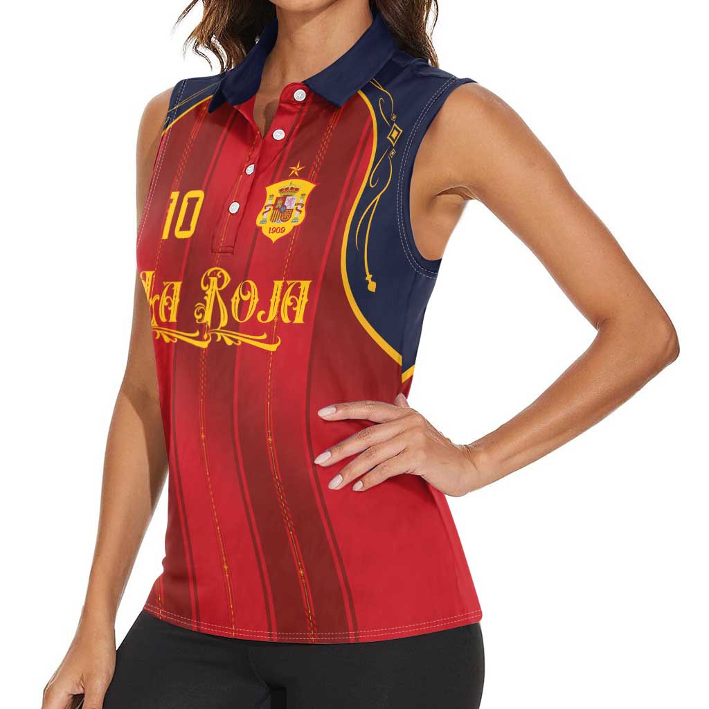 Custom Spain La Roja Football Women Sleeveless Polo Shirt Gothic Typography Royal Crest Pinstripe
