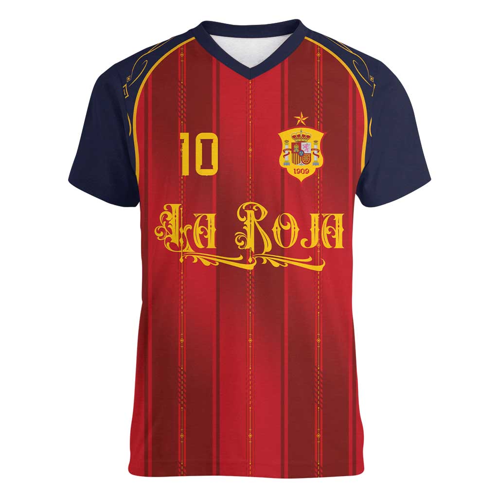 Custom Spain La Roja Football Women V-Neck T-Shirt Gothic Typography Royal Crest Pinstripe