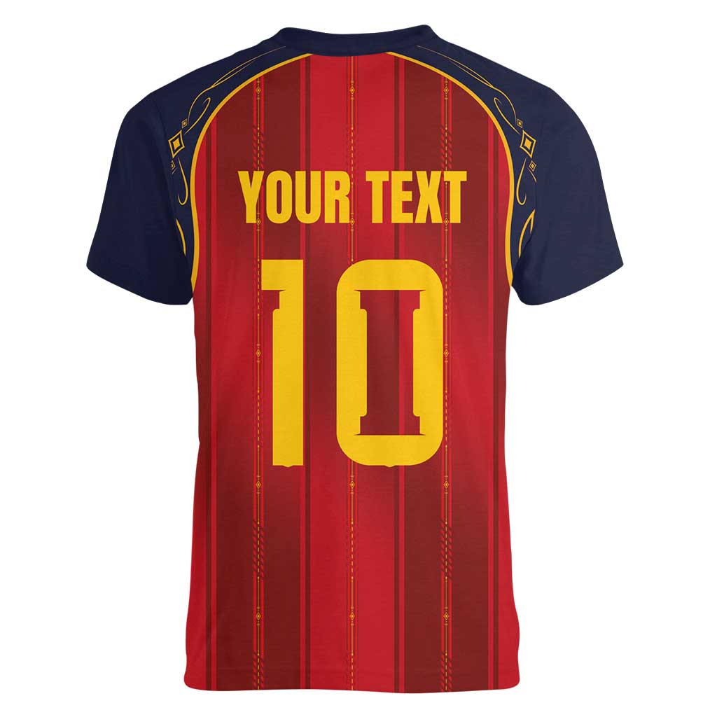 Custom Spain La Roja Football Women V-Neck T-Shirt Gothic Typography Royal Crest Pinstripe