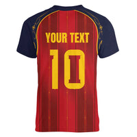 Custom Spain La Roja Football Women V-Neck T-Shirt Gothic Typography Royal Crest Pinstripe