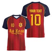 Custom Spain La Roja Football Women V-Neck T-Shirt Gothic Typography Royal Crest Pinstripe