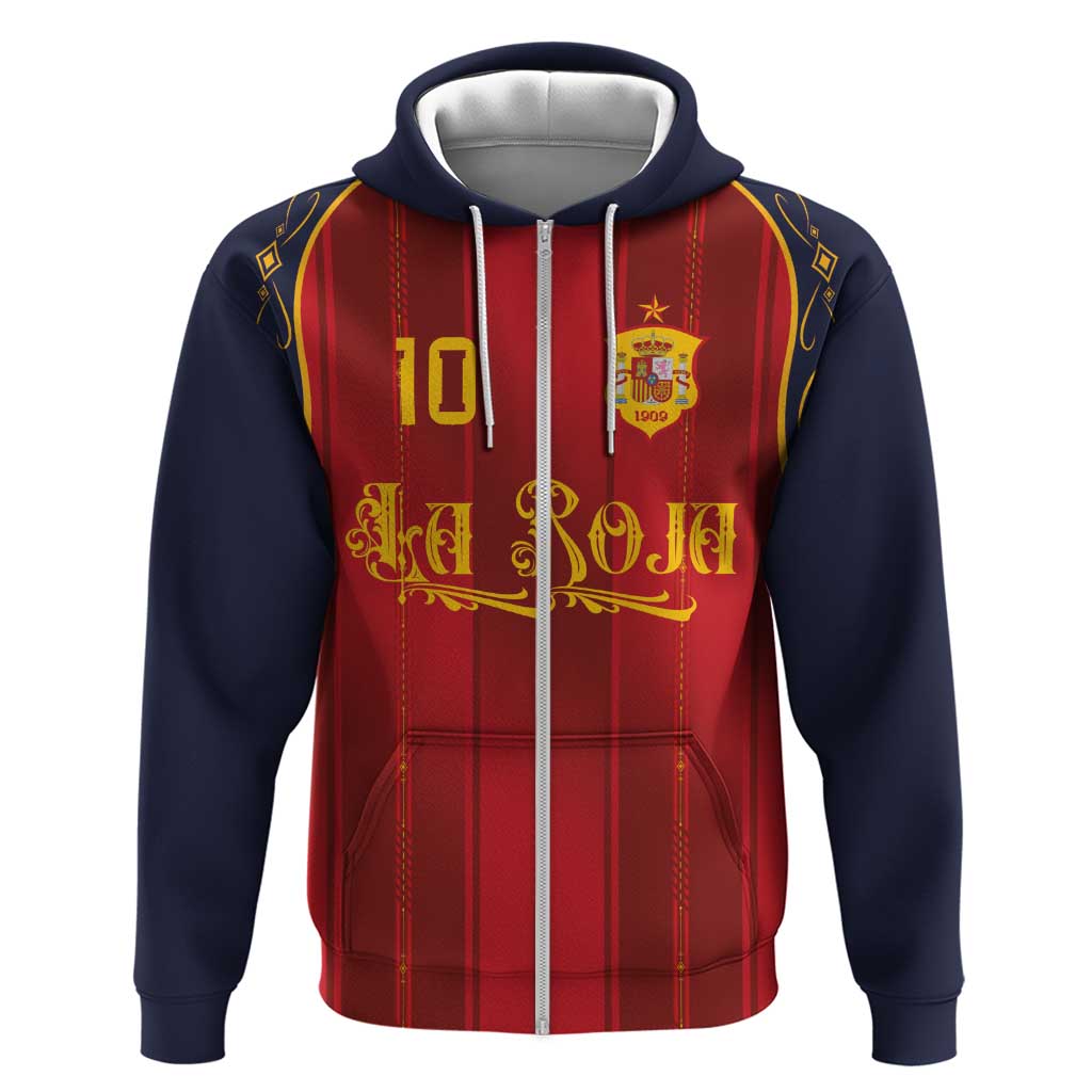 Custom Spain La Roja Football Zip Hoodie Gothic Typography Royal Crest Pinstripe