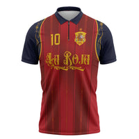 Custom Spain La Roja Football Zipper Polo Shirt Gothic Typography Royal Crest Pinstripe