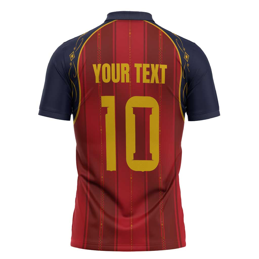 Custom Spain La Roja Football Zipper Polo Shirt Gothic Typography Royal Crest Pinstripe