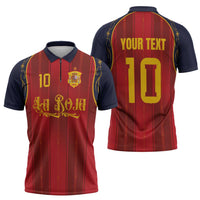 Custom Spain La Roja Football Zipper Polo Shirt Gothic Typography Royal Crest Pinstripe
