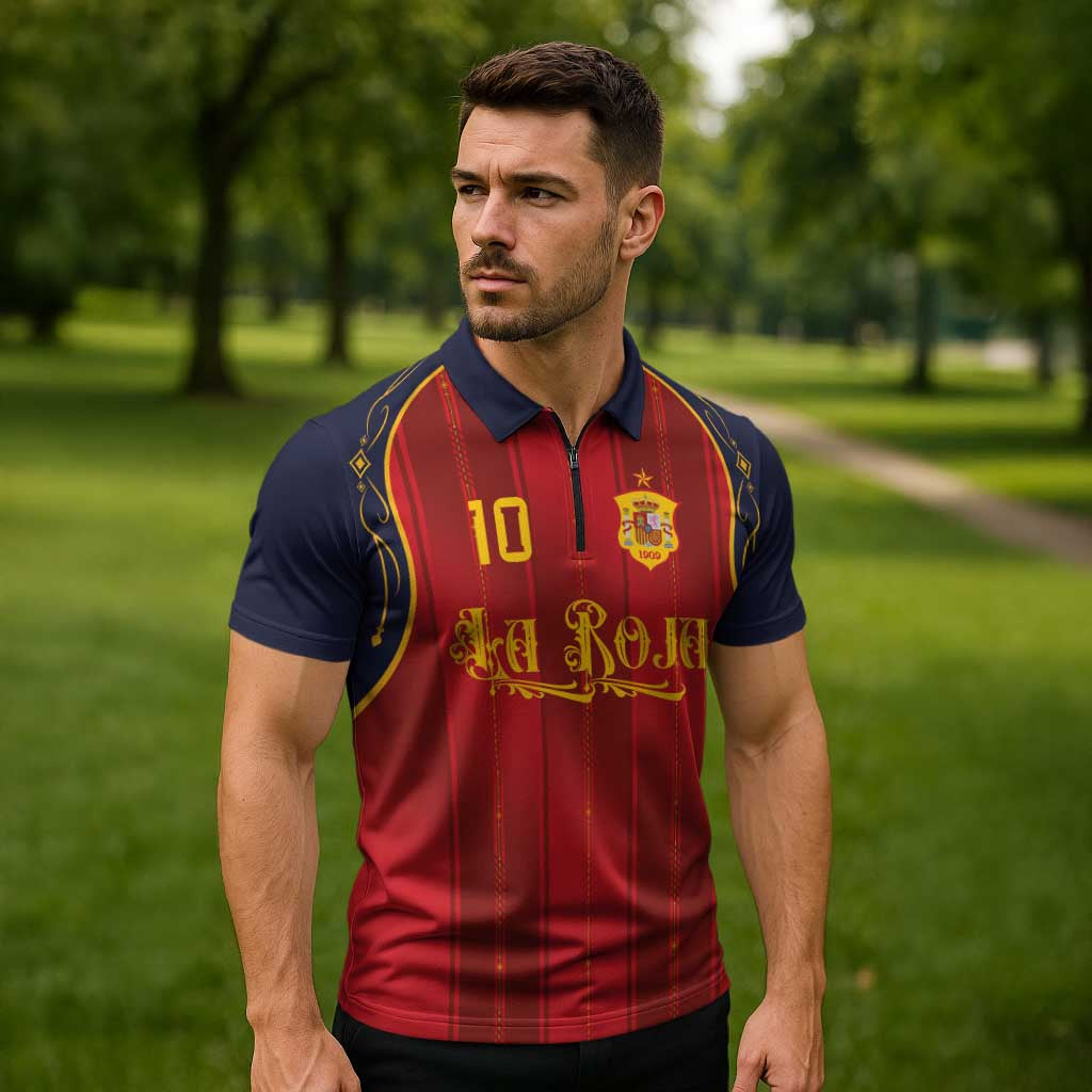 Custom Spain La Roja Football Zipper Polo Shirt Gothic Typography Royal Crest Pinstripe