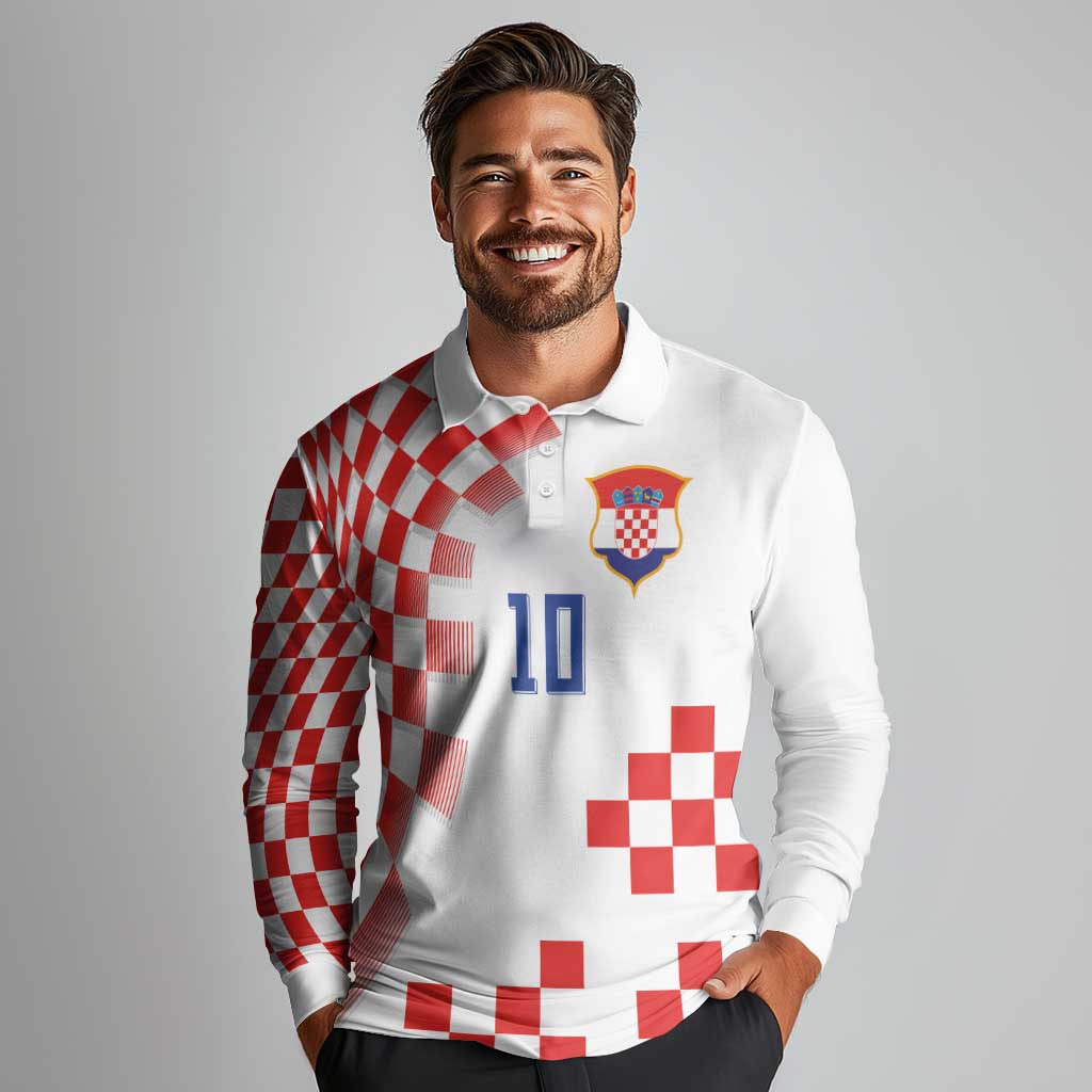 Custom Croatia National Football Long Sleeve Polo Shirt Dynamic Red Heritage Checkerboard Pattern