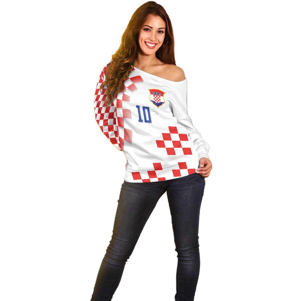 Custom Croatia National Football Off Shoulder Sweater Dynamic Red Heritage Checkerboard Pattern