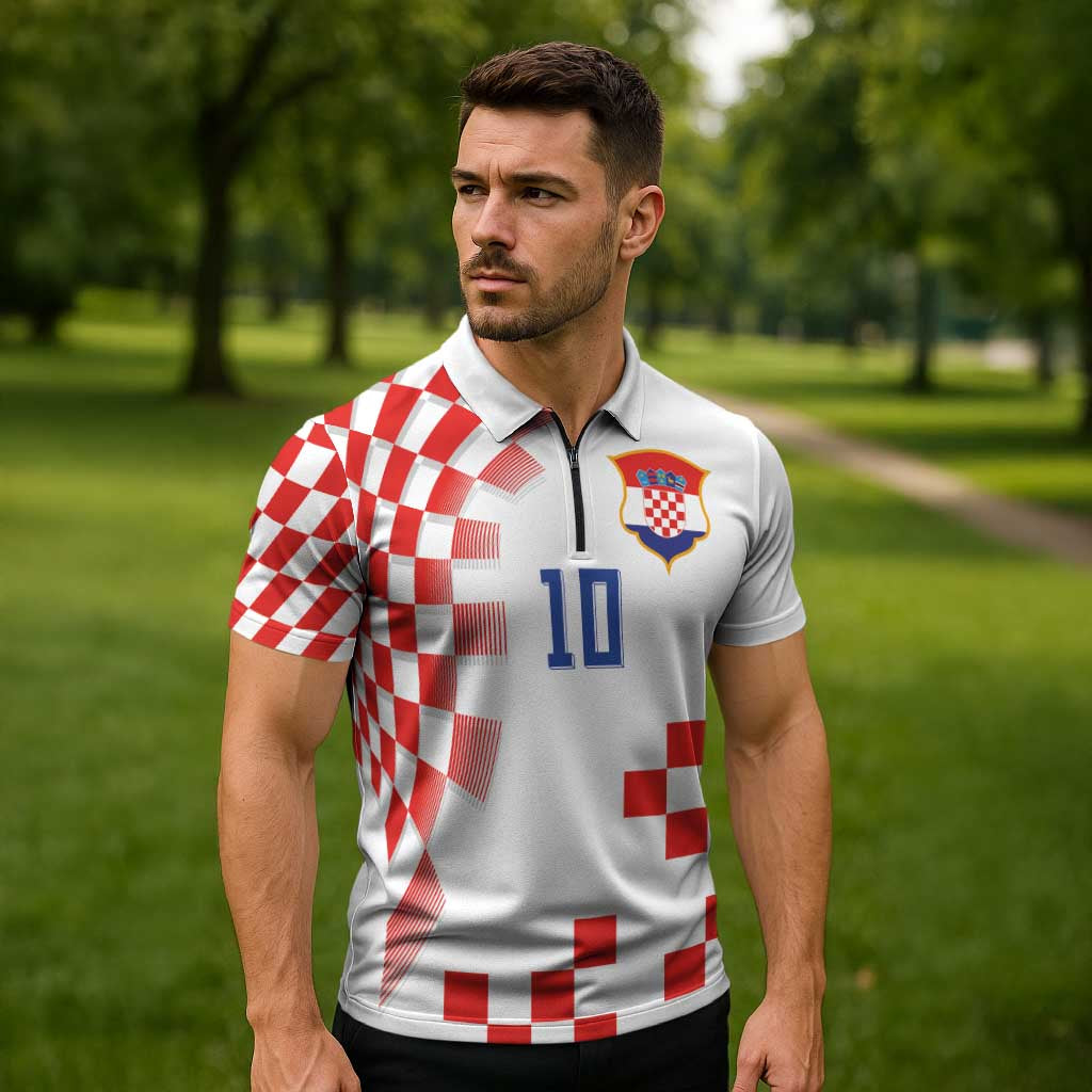 Custom Croatia National Football Zipper Polo Shirt Dynamic Red Heritage Checkerboard Pattern