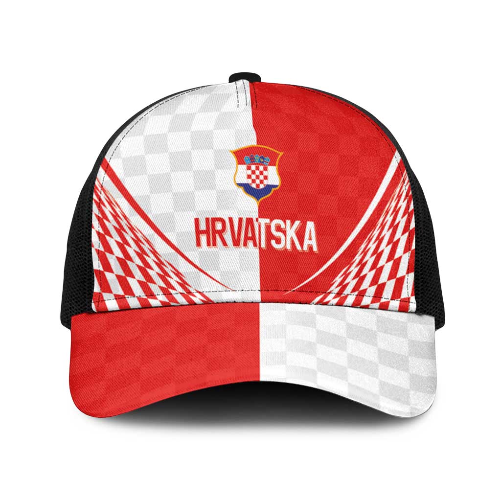 Croatia Hrvatska Football Baseball Net Cap Bold Checkerboard Half Tone Design With National Crest
