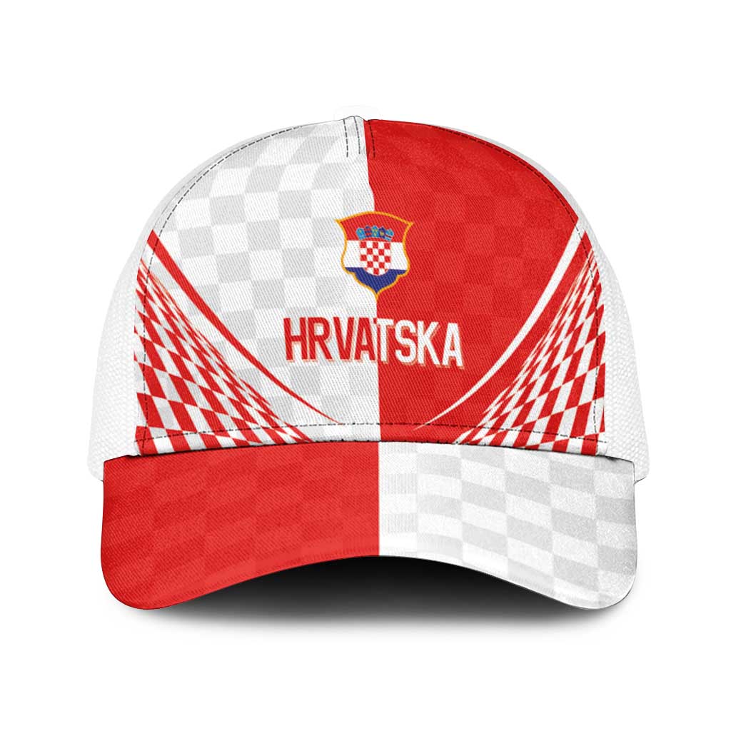 Croatia Hrvatska Football Baseball Net Cap Bold Checkerboard Half Tone Design With National Crest