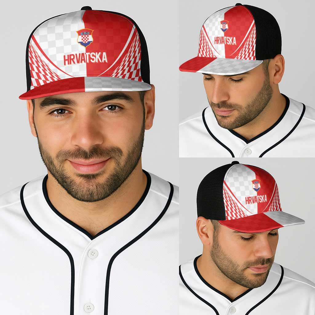 Croatia Hrvatska Football Baseball Net Cap Bold Checkerboard Half Tone Design With National Crest