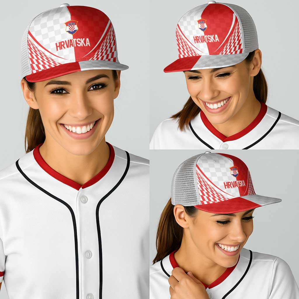 Croatia Hrvatska Football Baseball Net Cap Bold Checkerboard Half Tone Design With National Crest