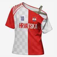 Custom Croatia Hrvatska Football Cross Shoulder Shirt Halftone Checkerboard National Crest
