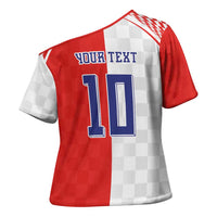 Custom Croatia Hrvatska Football Cross Shoulder Shirt Halftone Checkerboard National Crest