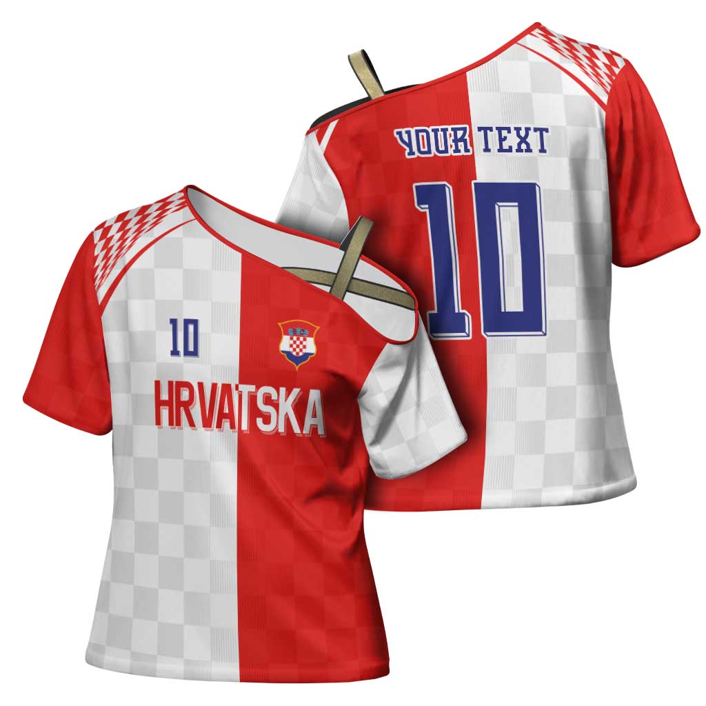 Custom Croatia Hrvatska Football Cross Shoulder Shirt Halftone Checkerboard National Crest