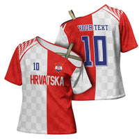 Custom Croatia Hrvatska Football Cross Shoulder Shirt Halftone Checkerboard National Crest
