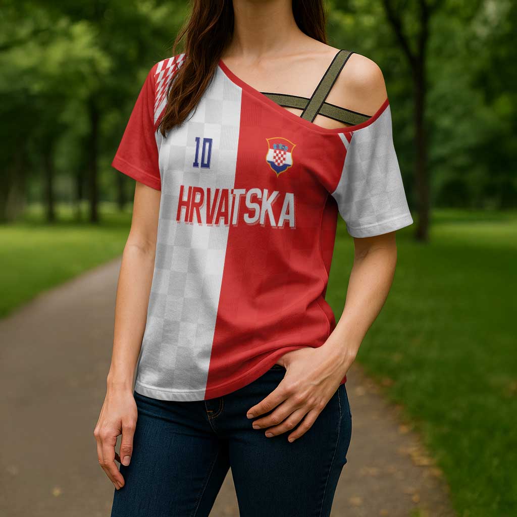 Custom Croatia Hrvatska Football Cross Shoulder Shirt Halftone Checkerboard National Crest
