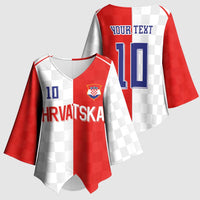 Custom Croatia Hrvatska Football Kimono Sleeve Blouse Halftone Checkerboard National Crest