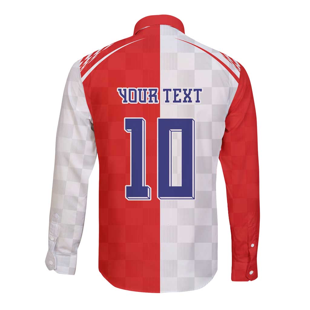 Custom Croatia Hrvatska Football Long Sleeve Button Shirt Halftone Checkerboard National Crest