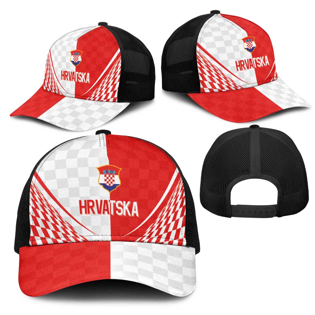 Croatia Hrvatska Football Mesh Trucker Cap Bold Checkerboard Half Tone Design With National Crest