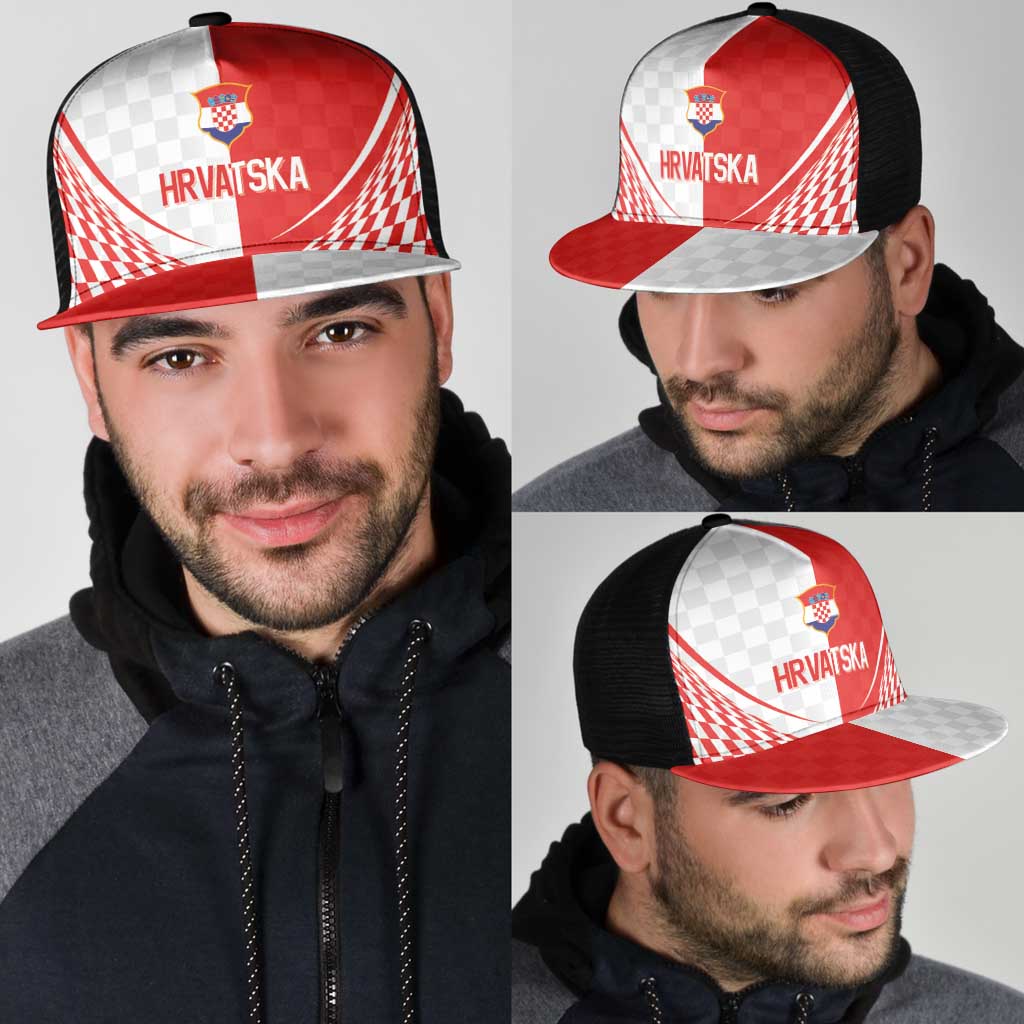 Croatia Hrvatska Football Mesh Trucker Cap Bold Checkerboard Half Tone Design With National Crest
