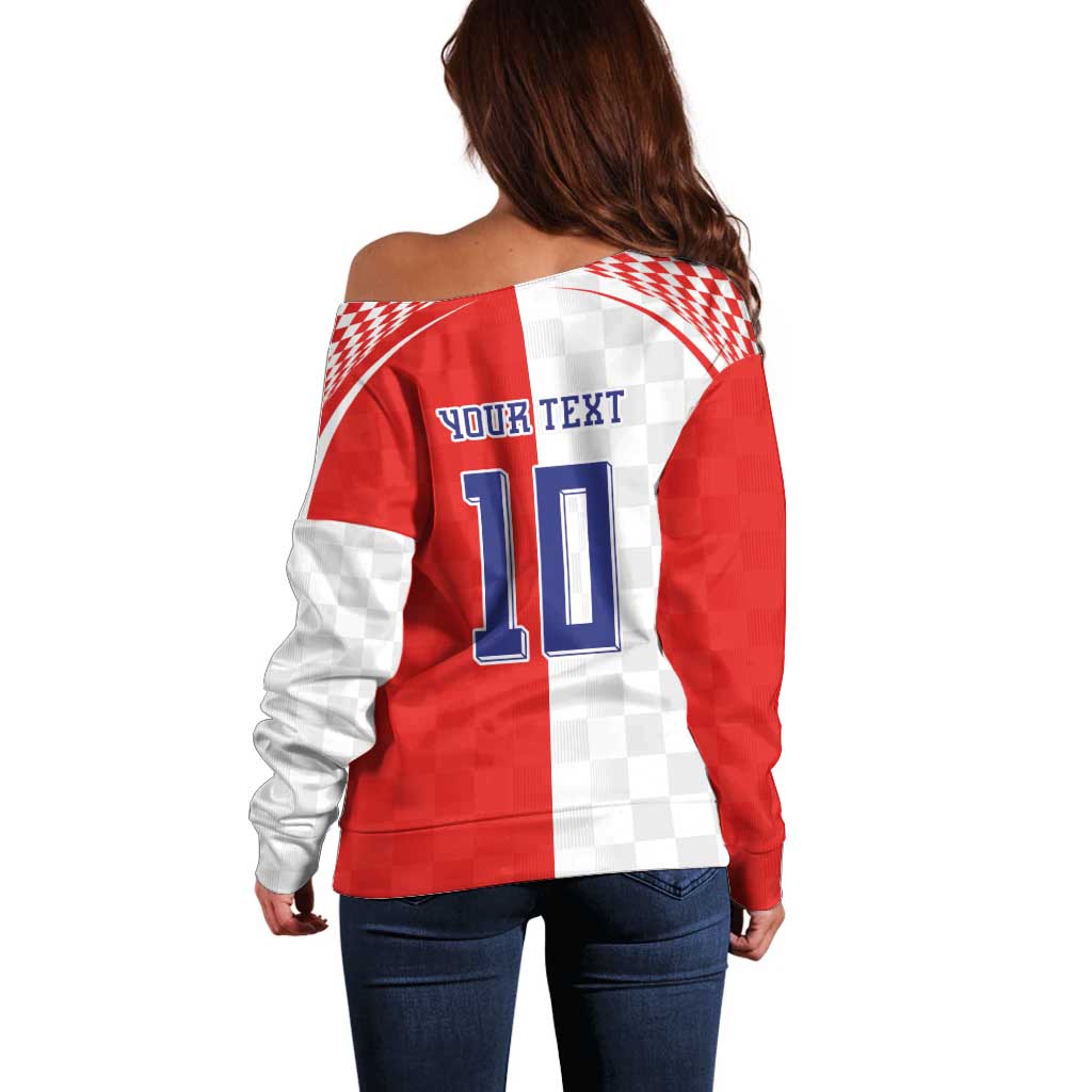 Custom Croatia Hrvatska Football Off Shoulder Sweater Halftone Checkerboard National Crest