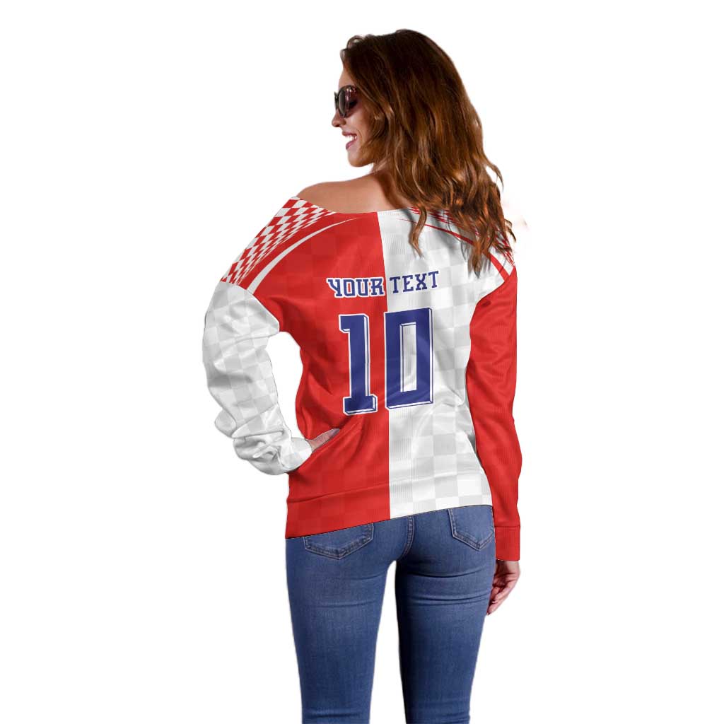 Custom Croatia Hrvatska Football Off Shoulder Sweater Halftone Checkerboard National Crest
