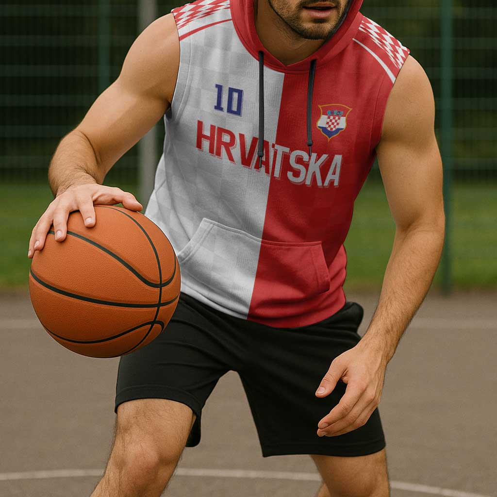 Custom Croatia Hrvatska Football Sleeveless Hoodie Halftone Checkerboard National Crest