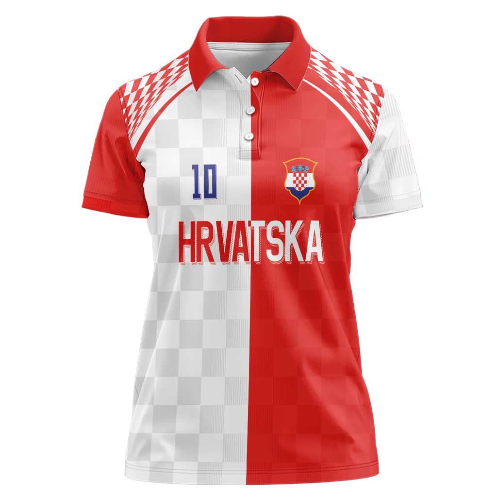 Custom Croatia Hrvatska Football Women Polo Shirt Halftone Checkerboard National Crest