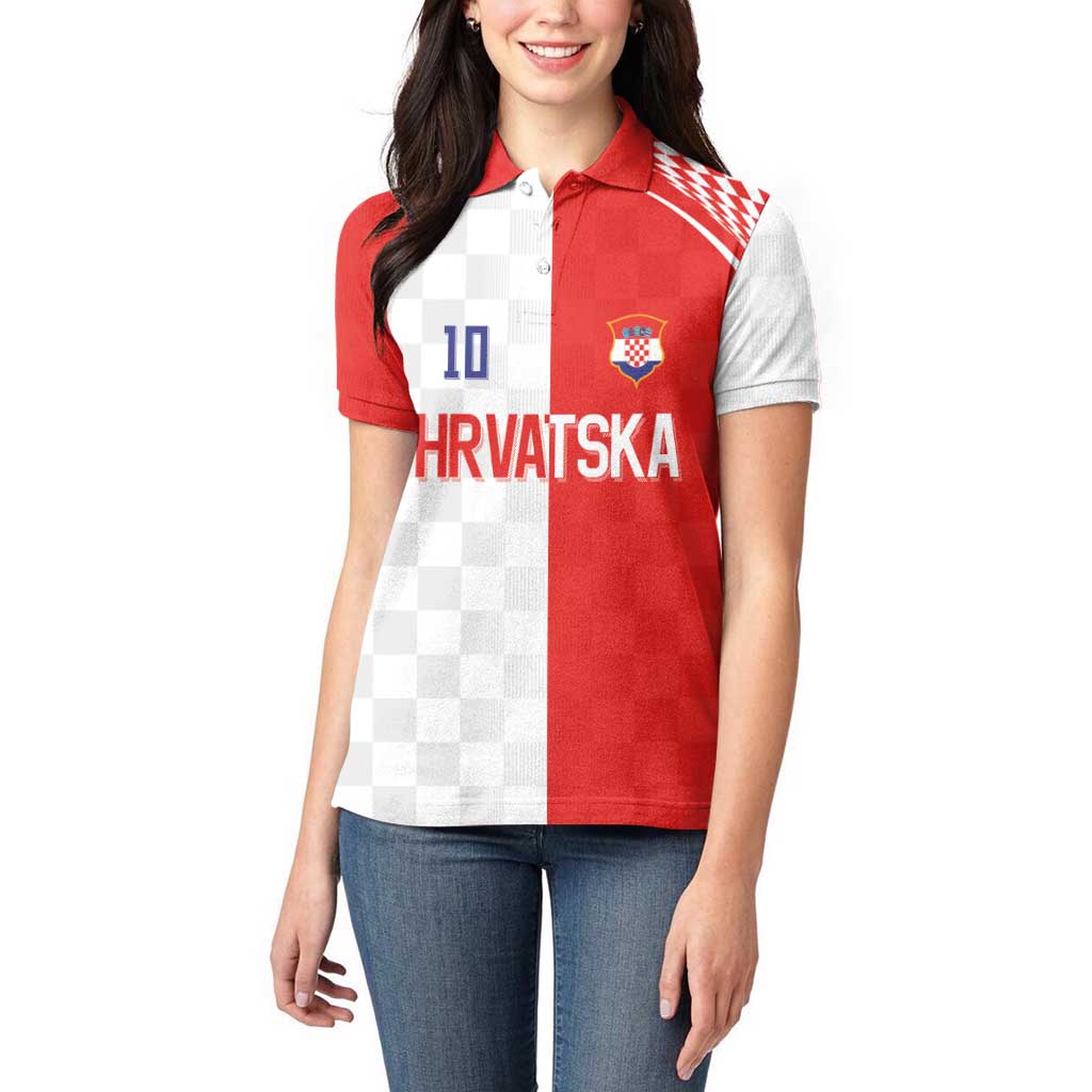 Custom Croatia Hrvatska Football Women Polo Shirt Halftone Checkerboard National Crest