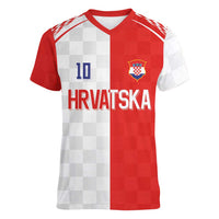 Custom Croatia Hrvatska Football Women V-Neck T-Shirt Halftone Checkerboard National Crest