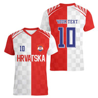 Custom Croatia Hrvatska Football Women V-Neck T-Shirt Halftone Checkerboard National Crest