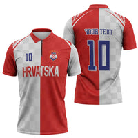 Custom Croatia Hrvatska Football Zipper Polo Shirt Halftone Checkerboard National Crest