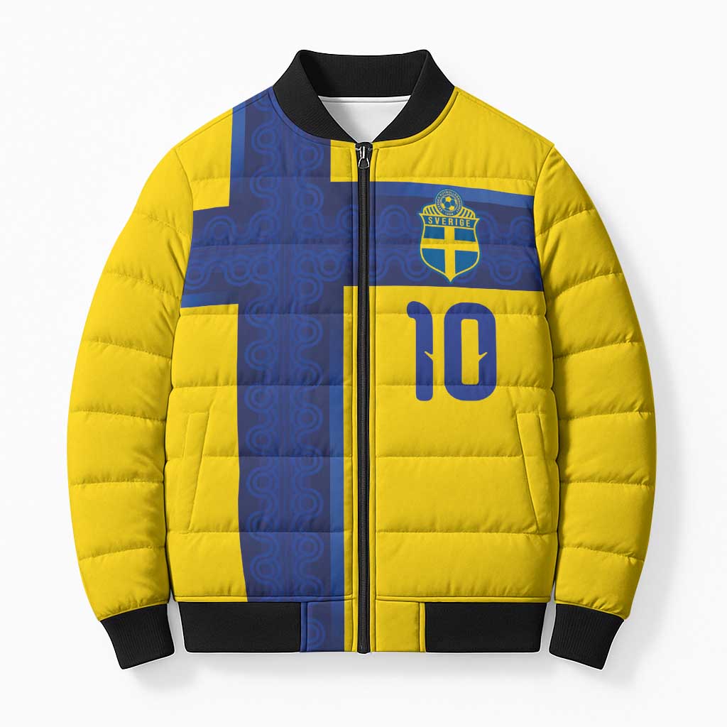 Custom Sweden Sverige Football Bomber Puffer Jacket Nordic Cross Pattern With Traditional Sverige Heritage Crest