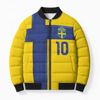 Custom Sweden Sverige Football Bomber Puffer Jacket Nordic Cross Pattern With Traditional Sverige Heritage Crest
