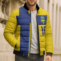 Custom Sweden Sverige Football Bomber Puffer Jacket Nordic Cross Pattern With Traditional Sverige Heritage Crest