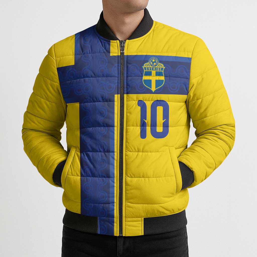 Custom Sweden Sverige Football Bomber Puffer Jacket Nordic Cross Pattern With Traditional Sverige Heritage Crest