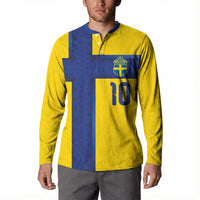Custom Sweden Sverige Football Button Sweatshirt Nordic Cross Pattern With Traditional Sverige Heritage Crest
