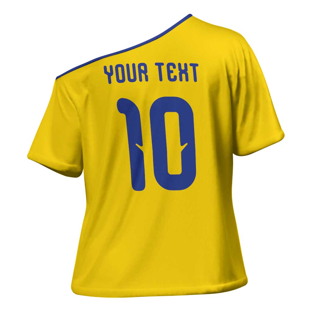 Custom Sweden Sverige Football Cross Shoulder Shirt Nordic Cross Pattern With Traditional Sverige Heritage Crest