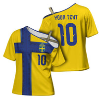 Custom Sweden Sverige Football Cross Shoulder Shirt Nordic Cross Pattern With Traditional Sverige Heritage Crest