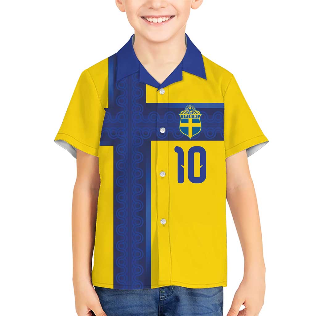 Custom Sweden Sverige Football Kid Hawaiian Shirt Nordic Cross Pattern With Traditional Sverige Heritage Crest