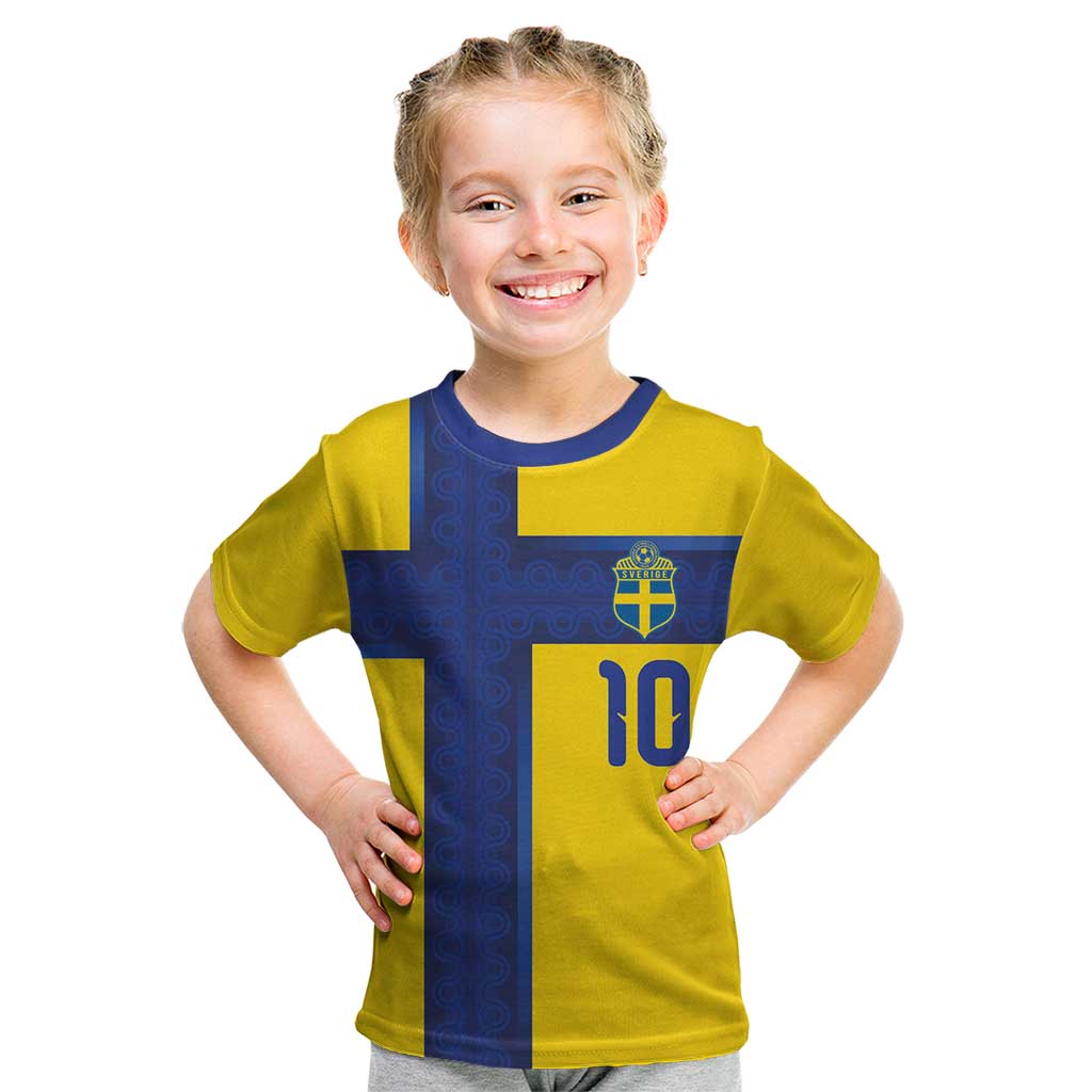 Custom Sweden Sverige Football Kid T Shirt Nordic Cross Pattern With Traditional Sverige Heritage Crest