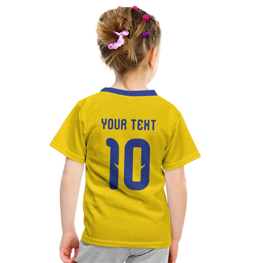 Custom Sweden Sverige Football Kid T Shirt Nordic Cross Pattern With Traditional Sverige Heritage Crest